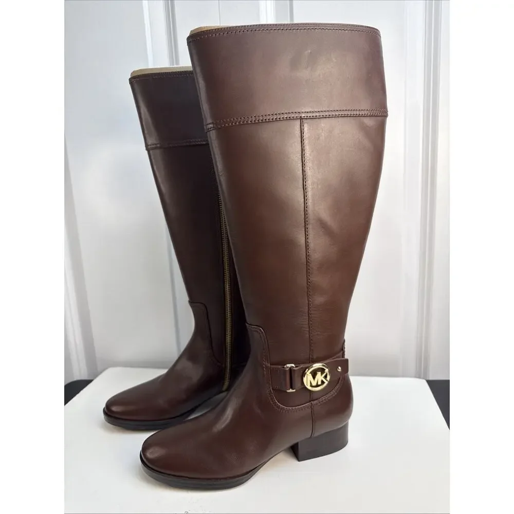 Michael Kors Harland Knee High Riding Boots Brown Leather 5M‎ Wide Calf NWB